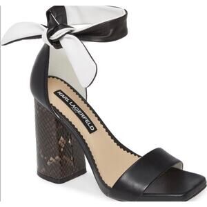 Karl Lagerfeld Black and White Ankle-Tie Block Heel Sandal